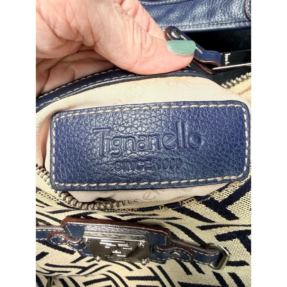Tignanello Hobo‎ Bag Womens Navy Canvas Logo Y2K Vintage Classic